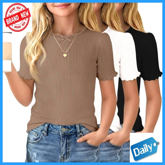 Girl's 3 Pack Ribbed Cotton T-Shirts with Bow and Puff Sleeves
